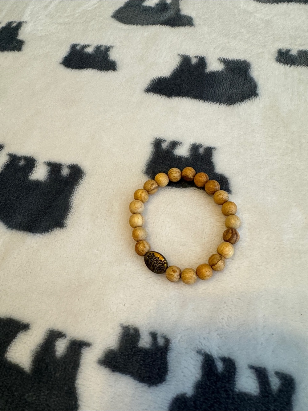 Wood Bead Stretch Bracelet with Carved Accent - Natural Brown